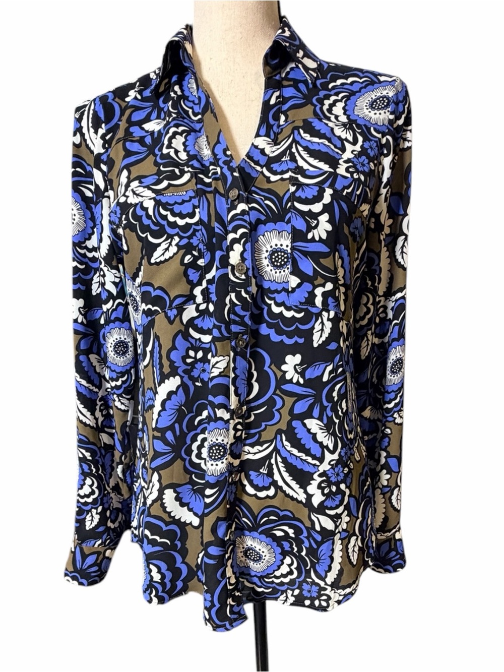 Express Portofino Retro Floral Button Up Blouse Size Small Petite
